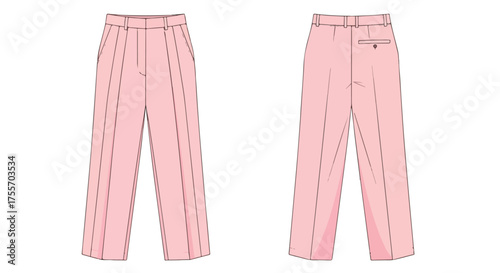 Technical fashion drawing showcasing tailored pink trousers design with front and back views rendered for design visualization