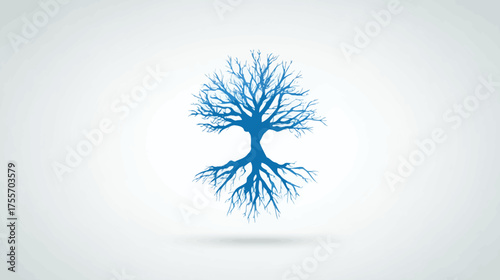 Stylized blue tree with prominent roots and bare branches on gray background
