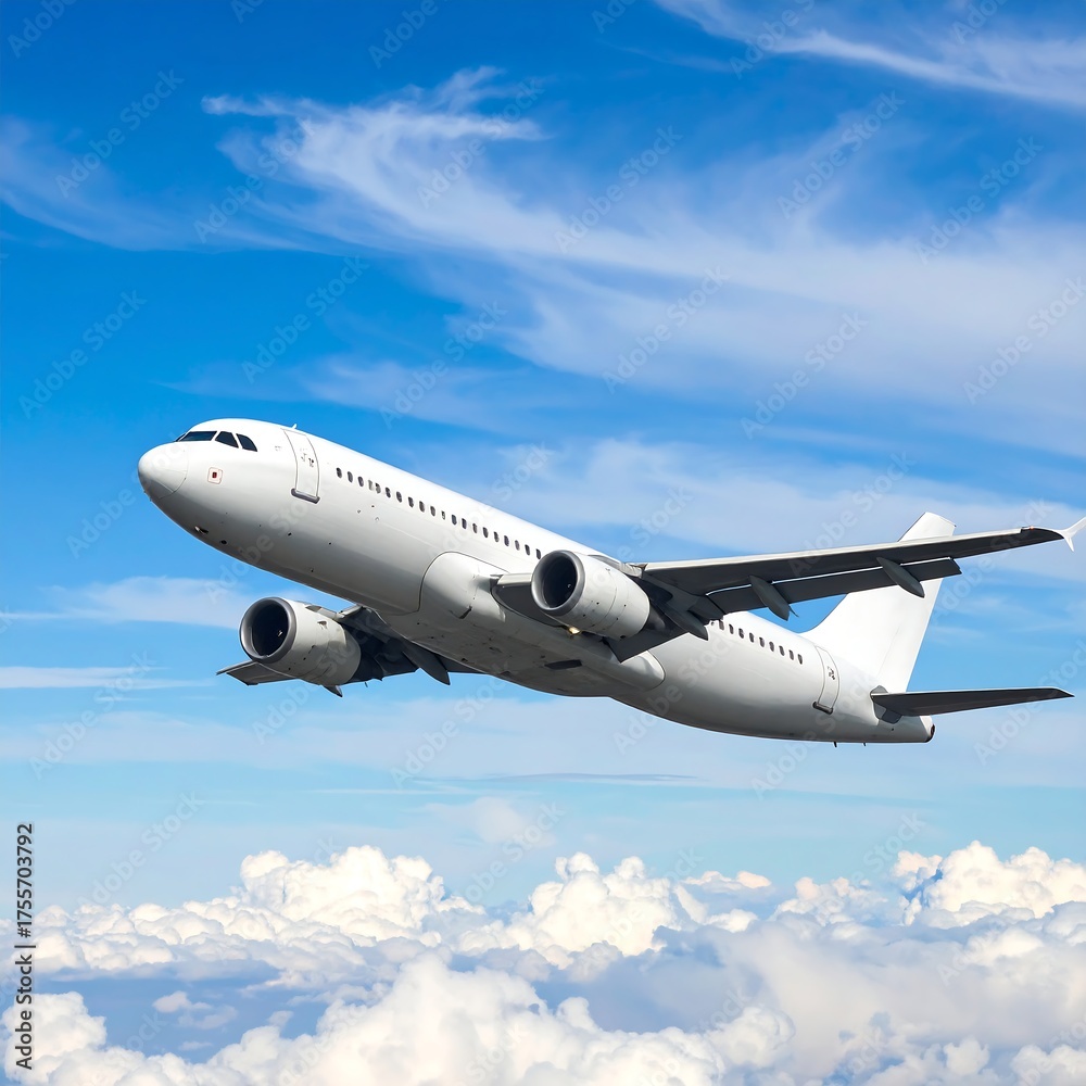 Obraz premium White passenger jet ascending in a bright blue sky with fluffy clouds
