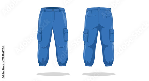 Detailed front and back view showcasing vibrant blue cargo pants on a clean white backdrop display of casualwear fashion illustration