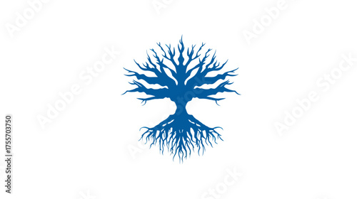 A stark blue silhouette of a stylized tree with prominent roots on a white background