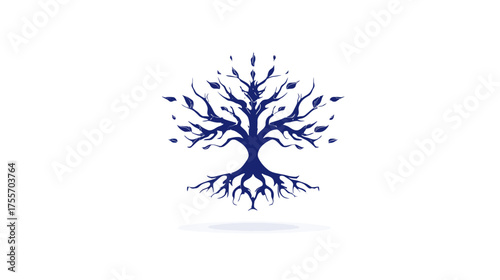 A stylized blue tree with visible roots and scattered leaves on a white background