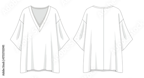 Technical flat sketch showcases the front and back of a simple and fashionable oversized v-neck t-shirt design for modern garment creation