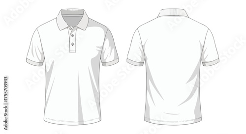 Minimalist vector art showcasing the front and back views of a crisp white polo shirt design for easy customization