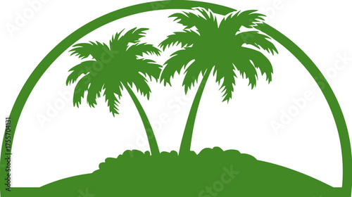 Green tropical island with two palm trees in a curved frame