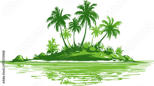 Green tropical island with palm trees reflected in water, isolated on white
