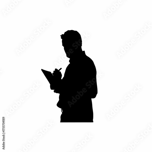 Silhouette of a rehab specialist preparing patient s exercise plan isolated on white background