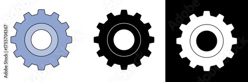 Modern set of gear icons outline, solid black, blue. For UI/UX, web, app design. Symbolizes settings, engineering, technology, configuration, processes. Clean, versatile graphic elements