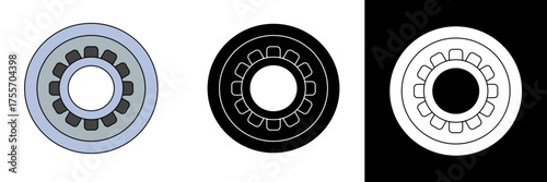 Modern vector graphics of a precise industrial ball bearing, designed for efficient friction reduction and seamless rotary motion across machinery, presented in a set of three distinct visual styles