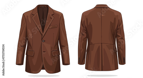 Vector illustration showcasing a brown, stylish suit jacket from front and back perspectives, isolated on a white backdrop