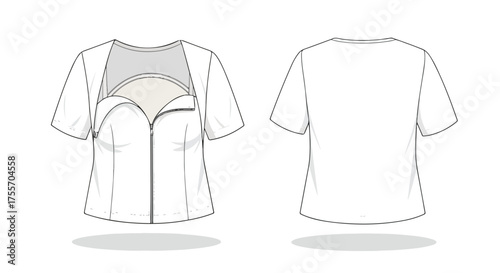 Fashionable technical sketch of a woman's top featuring a unique zipper closure and modern design elements for apparel mockups