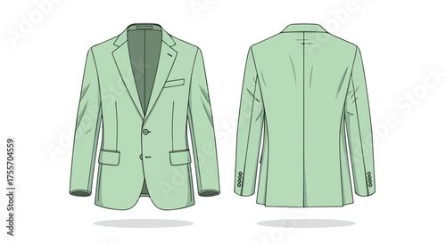 Stylish Mint Green Blazer Technical Sketch: Front and Back Views Depicting Classic Tailoring and Design Accurately