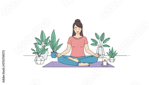 Woman meditating in lotus position on a mat, surrounded by potted plants and a candle, in a peaceful and serene setting.
