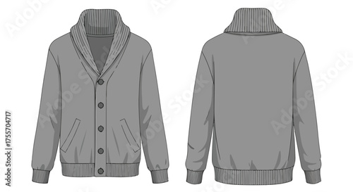 Technical illustration of a gray cardigan sweater with shawl collar design showcasing front and back views for garment specifications and design