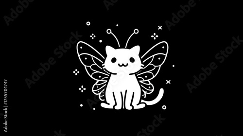White outline drawing of a cat with butterfly wings on a black background
