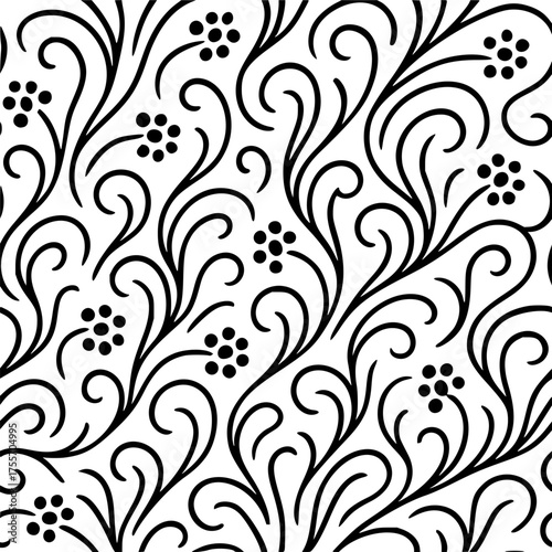 Highly Stylized Black Floral Scrolls and Vines Seamless Vector Pattern on White  
‎