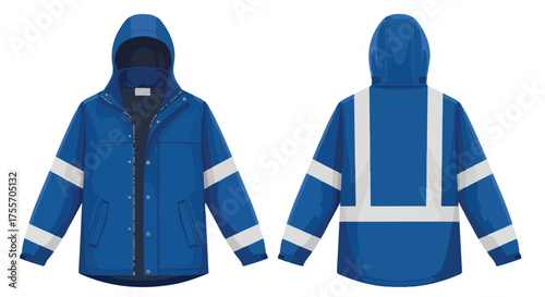 Blue safety hooded jacket illustration showcasing front and back views isolated on a white background for diverse applications