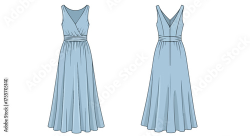 Technical illustration of a floor-length dress with a surplice bodice and empire waistline in light blue featuring front and back views for fashion