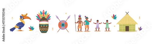 Hornbill Festival Illustration of Naga Tribe Culture with Traditional Dance Tribal People Colorful Feathers Village Hut Drums Shields Spears and Hornbill Bird Representing Indian Heritage Art Vector