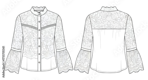 Elegant blouse with bell sleeves and intricate lace details, showcasing a blend of classic style and modern design