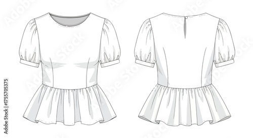 Technical illustration of a women's blouse with puff sleeves and a gathered waistline design blueprint for fashion design and garment construction