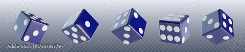 3d dice collection in blue with white dots shown from various angles on transparent background. Realistic cubes displaying different numbered faces for casino, gaming or probability illustrations.