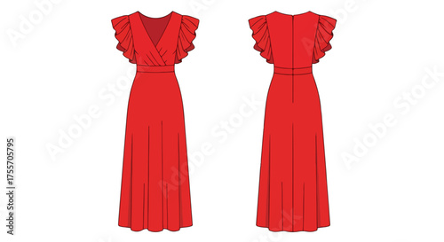 Elegant red maxi dress with flutter sleeves, fashion design illustration showcasing front and back views, perfect for presentations