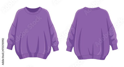Fashionable Violet Oversized Pullover, Front and Back Views, Comfortable and Stylish Apparel for Casual Wear, Isolated on White Background