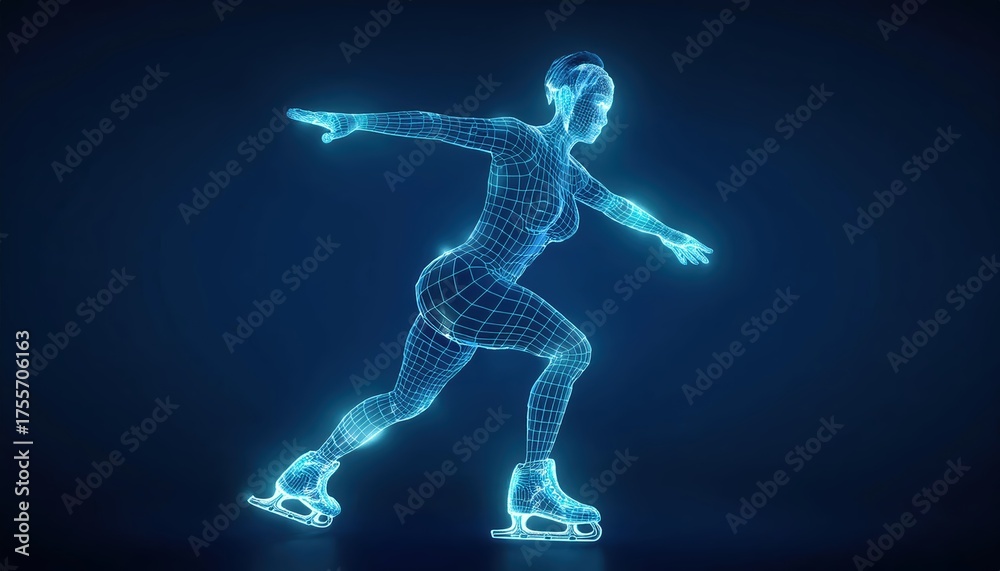 Fototapeta premium Firefly sports figure skating wireframe design against a blue background showcasing a performer in mid-action glide