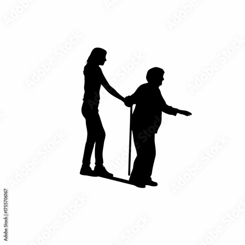 Silhouette of a therapist assisting an elderly person with balance isolated on white background