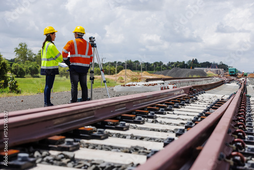 Two engineers in safety gear stand beside newly constructed railway tracks using surveying equipment. 