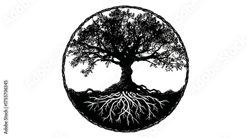 Detailed illustration of a large, stylized tree with extensive roots and branches within a circular frame