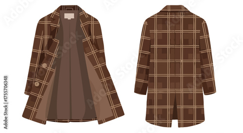 Sophisticated brown plaid overcoat showcasing front opening and back view, creating a timeless style statement perfect for virtual wardrobes