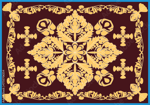 A luxurious rug pattern with golden floral and leaf motifs arranged symmetrically on a rich maroon background, bordered by ornate vine designs creating an elegant and traditional aesthetic.
