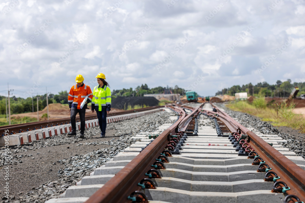 Obraz premium Railway track perspective with engineers in background, infrastructure construction and transportation concept