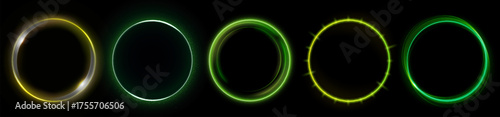 Neon halo rings with green and yellow glow for futuristic interface or gaming design. Circular frames on dark background with vibrant illumination effect. Cyberpunk portal elements collection.