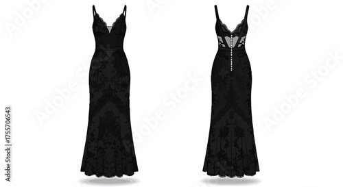 Sophisticated black lace evening gown showcasing front and back design details and elegant embellishments for formal occasions
