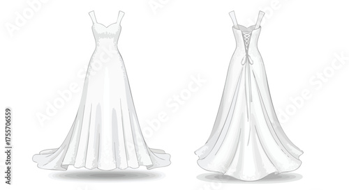 Elegant white wedding gown design showcasing front and back views for bridal fashion and event planning resources