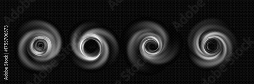 Wind swirl vortex collection with white smoke circles and spiral motion effects for storm or tornado visualization. Transparent whirlwind rings with gradient fade on dark background. Air flow elements