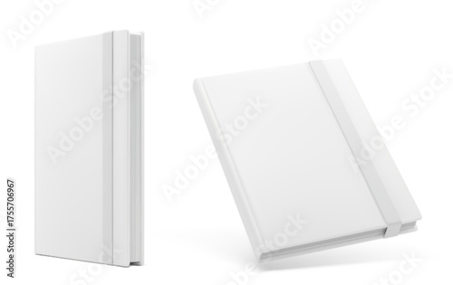 Hardcover notebook with blank white pages and elastic band for journal or diary mockup. Closed book with thick spine for stationery design. Premium planner template set for business branding.