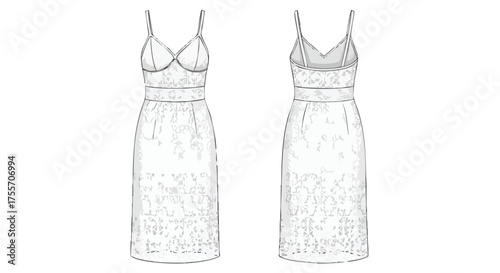 Elegant white lace midi dress technical drawing showcasing front and back views for fashion design and manufacturing use