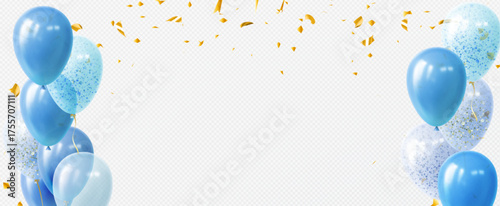 Blue realistic balloon celebration with golden confetti on transparent background for party or anniversary decoration. Glossy helium spheres with falling metallic sparkle pieces. Festive frame design.
