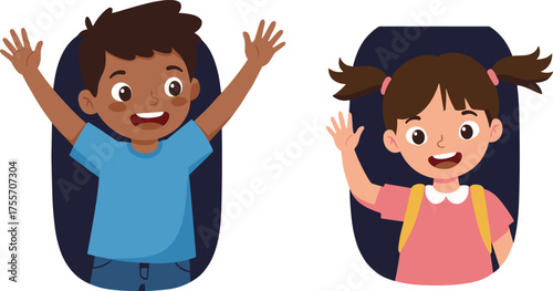 Cartoon children waving, happy kids smiling, diverse friendship illustration, childhood joy artwork, playful characters, education design, welcoming gesture, cheerful vector art