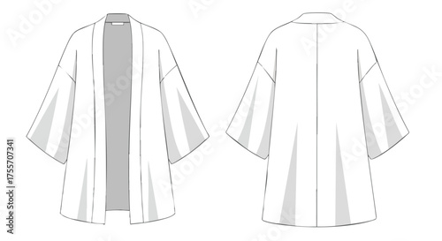 Technical fashion drawing of a kimono-style robe showcasing the front and back views, with detailed lines and seams representation