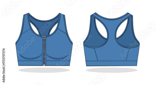 Vector illustration showcasing front and back views of a contemporary blue athletic sports bra with zipper design detail showing modern activewear
