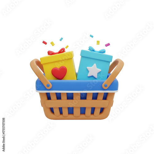 3D illustration of a shopping basket filled with gift boxes adorned with ribbons and confetti, symbolizing celebration and shopping