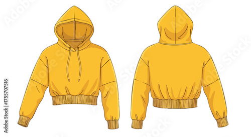 Front and back view illustration of a cropped yellow hooded sweatshirt on a clean white background, casual style, fashion design isolated