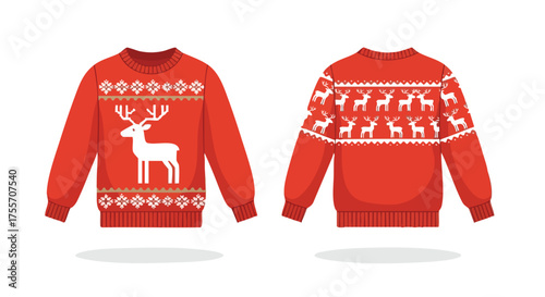 Festive Red Christmas Sweater with Reindeer Motif Design Illustrating Winter Season Apparel and Celebration