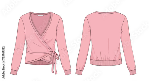 Detailed technical drawing of a woman's pink wrap sweater, showcasing front and back views, suitable for fashion design and production reference