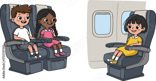 Children traveling on airplane, kids sitting together, family vacation flight, young passengers on plane, childhood travel experience, airline journey, hap